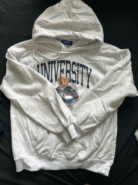 Buff Light Gray University Bear Graphic Hooded Sweatshirt